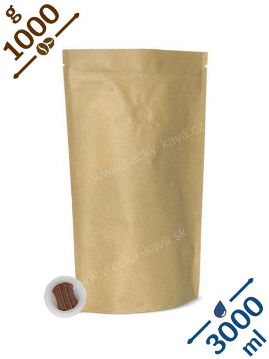 Sáčky na kávu se ZIPem a ventilem, 1kg, přírodní hnědá, 210x380x110