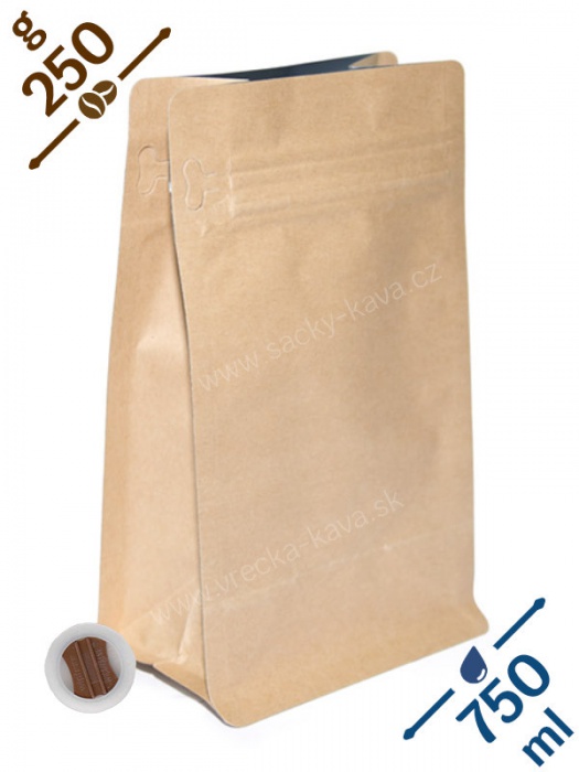 Sáčky na kávu s plochým dnem ZIPem a ventilem, 250g, papír, 12x20x8