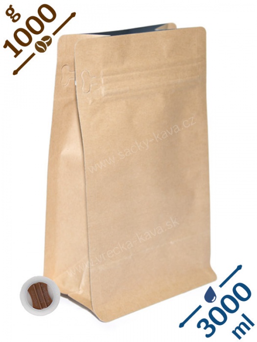 Sáčky na kávu s plochým dnem ZIPem a ventilem, 1kg, papír, 14x34x9