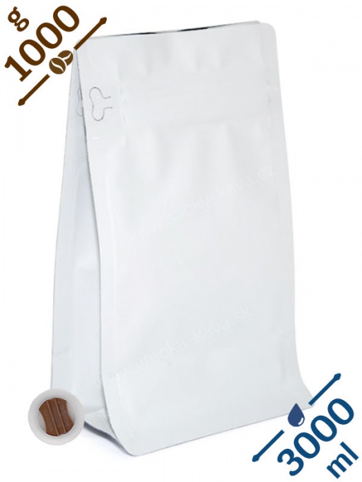 Sáčky na kávu s plochým dnem ZIPem a ventilem, 1kg, bílé, 15x34x9