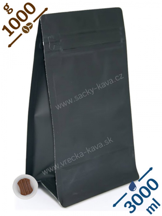 Sáčky na kávu s plochým dnem ZIPem a ventilem, 1kg, černé, 15x34x9