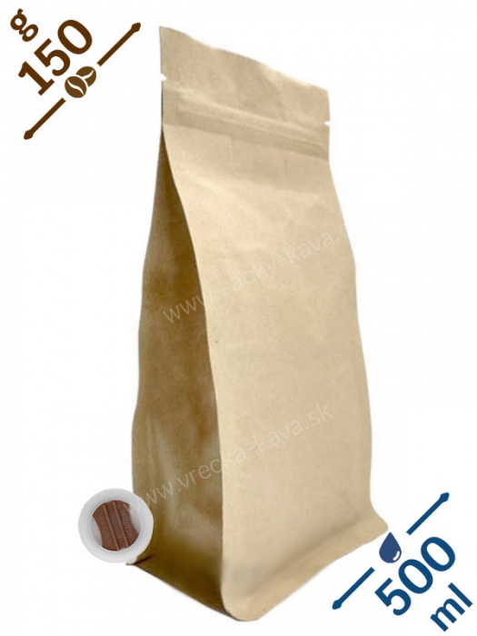 Sáčky na kávu s plochým dnem ZIPem a ventilem, 150g, papír, 10x20x6