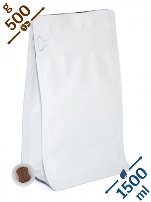 Sáčky na kávu s plochým dnem ZIPem a ventilem, 500g, bílé, 14x25x9 - plastový povrch - DOPRODEJ!