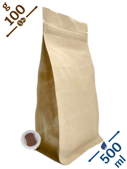 Sáčky na kávu s plochým dnem ZIPem a ventilem, 100g, papír, 10x20x6