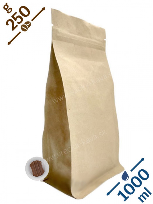 Sáčky na kávu s plochým dnem ZIPem a ventilem, 250g, papír, 14x24x6
