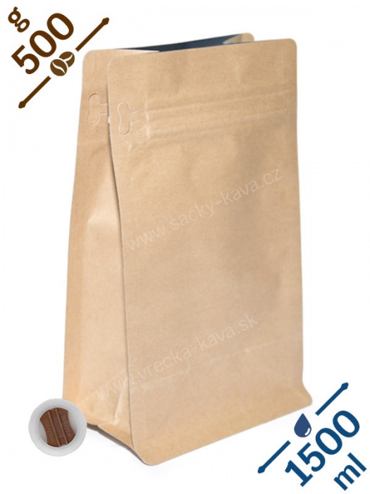 Sáčky na kávu s plochým dnem ZIPem a ventilem, 500g, papír, 13x25x9