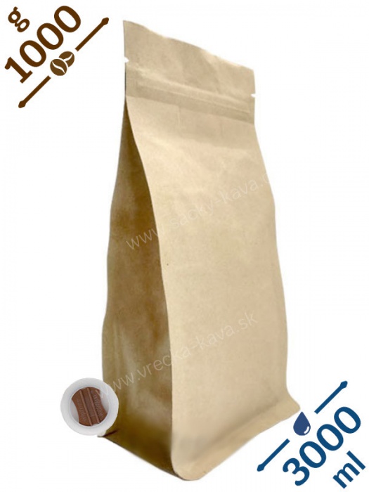 Sáčky na kávu s plochým dnem ZIPem a ventilem, 1kg, papír, 20x30x8