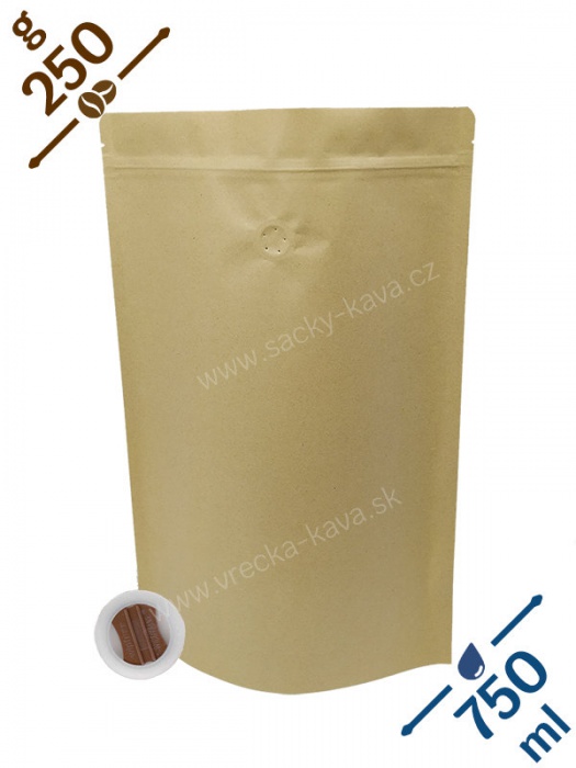 Sáčky na kávu se ZIPem a ventilem, 250g, přírodní hnědá, 150x240x80
