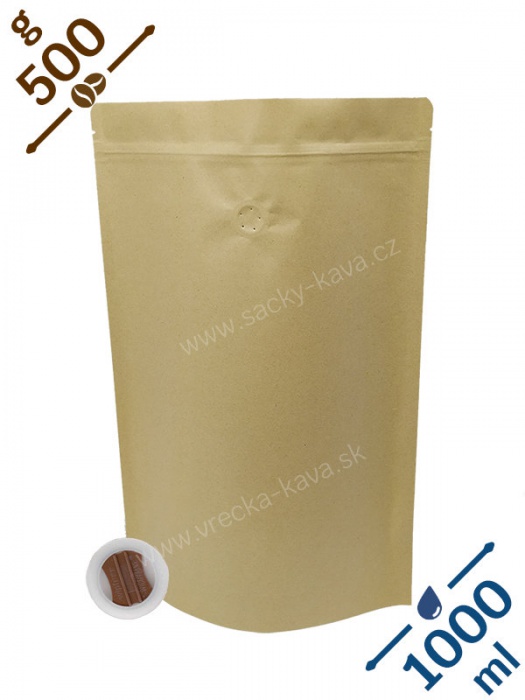 DOPRODEJ - Sáčky na kávu se ZIPem a ventilem, 500g, přírodní hnědá, 180x300x100