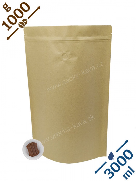 Sáčky na kávu se ZIPem a ventilem, 1kg, přírodní hnědá, 230x350x100