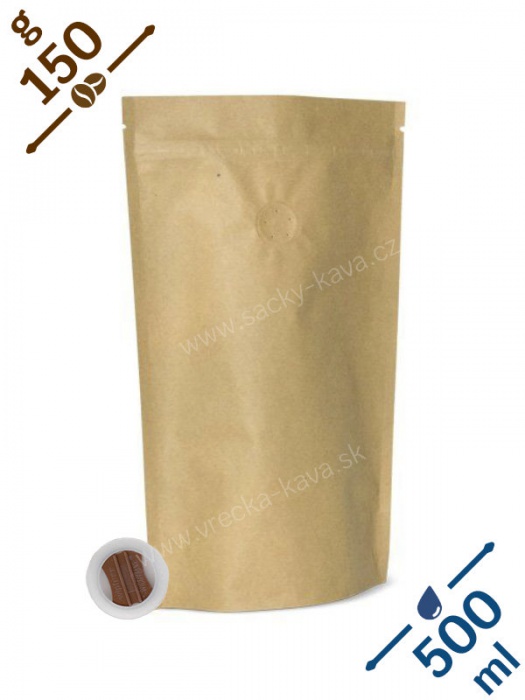 Sáčky na kávu se ZIPem a ventilem, 150g, recyklovaný papír, 130x200x64