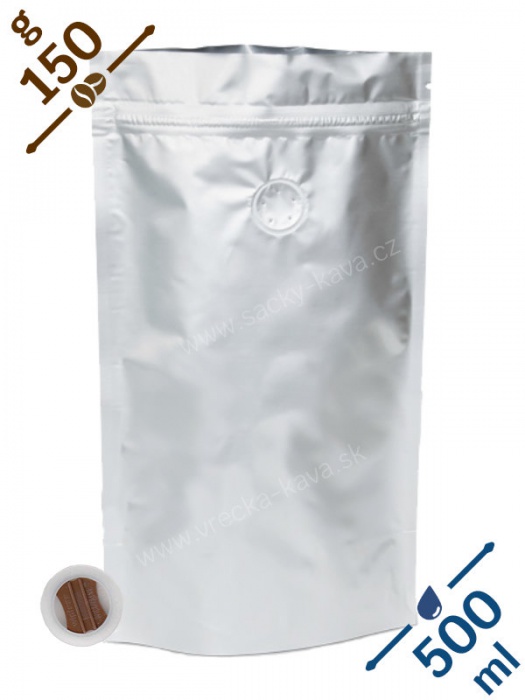 Sáčky na kávu se ZIPem a ventilem, 150g, stříbrné, 13x20x6