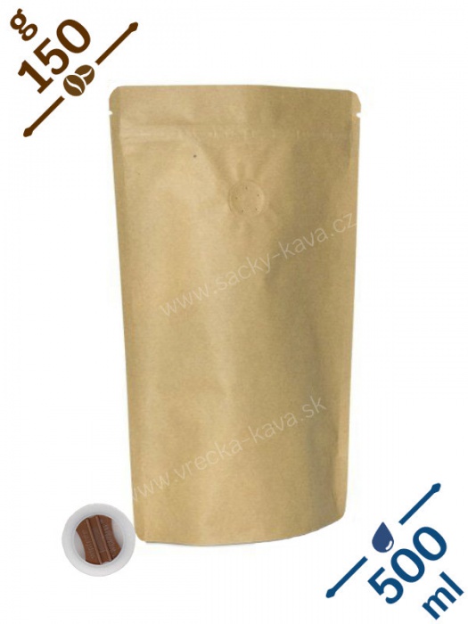 Sáčky na kávu se ZIPem a ventilem, 150g, papír natural, 13x22x8